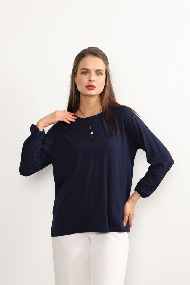 Kadın Likralı Orta Yaş Ve Üzeri Dört Mevsim Yeşil Anne Penye Bluz Düğme Desenli Lastikli Kol Lacivert - 5XL