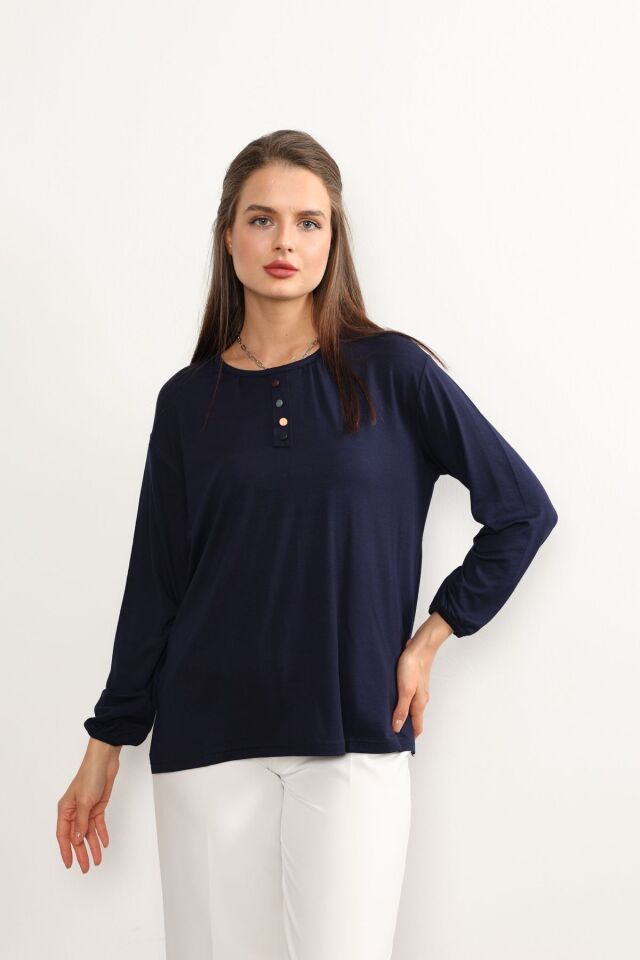 Kadın Likralı Orta Yaş Ve Üzeri Dört Mevsim Yeşil Anne Penye Bluz Düğme Desenli Lastikli Kol Lacivert - 5XL