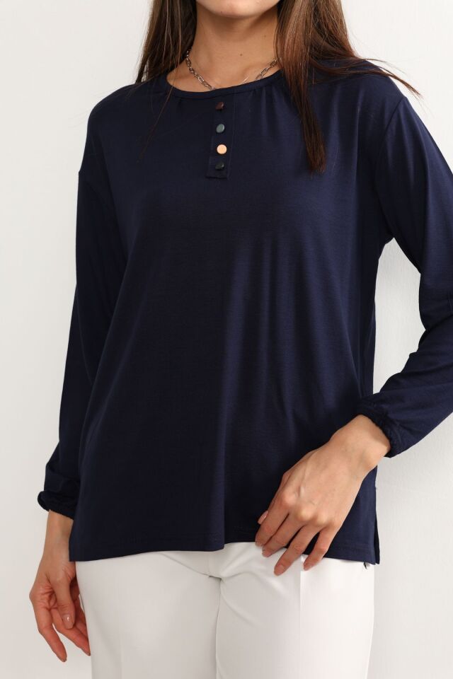 Kadın Likralı Orta Yaş Ve Üzeri Dört Mevsim Yeşil Anne Penye Bluz Düğme Desenli Lastikli Kol Lacivert - 5XL