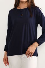 Kadın Likralı Orta Yaş Ve Üzeri Dört Mevsim Kiremit Anne Penye Bluz Düğme Desenli Lastikli Kol Lacivert - 5XL