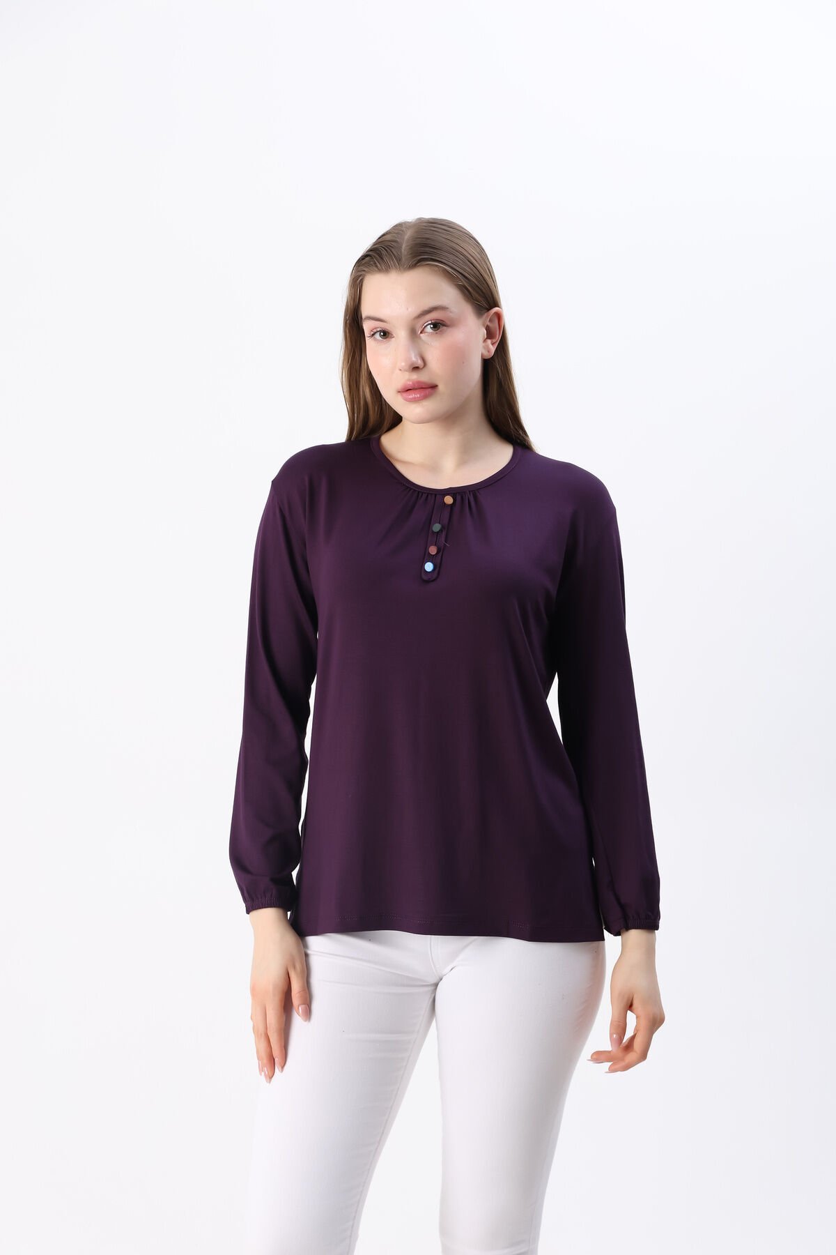 Kadın Likralı Orta Yaş Ve Üzeri Dört Mevsim Yeşil Anne Penye Bluz Düğme Desenli Lastikli Kol Mor - M