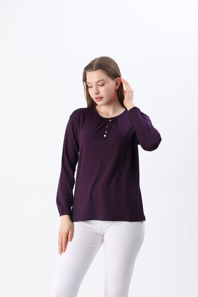 Kadın Likralı Orta Yaş Ve Üzeri Dört Mevsim Yeşil Anne Penye Bluz Düğme Desenli Lastikli Kol Mor - M