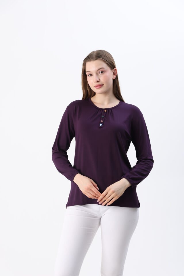 Kadın Likralı Orta Yaş Ve Üzeri Dört Mevsim Yeşil Anne Penye Bluz Düğme Desenli Lastikli Kol Mor - M