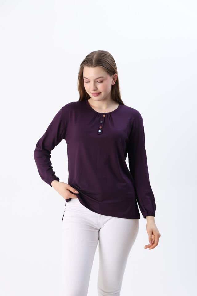 Kadın Likralı Orta Yaş Ve Üzeri Dört Mevsim Yeşil Anne Penye Bluz Düğme Desenli Lastikli Kol Mor - M