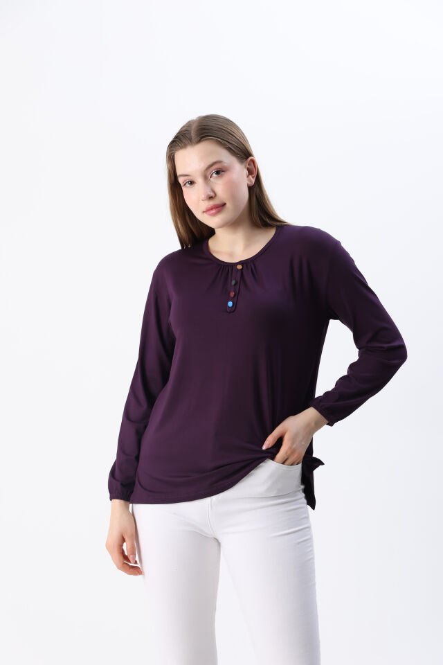 Kadın Likralı Orta Yaş Ve Üzeri Dört Mevsim Yeşil Anne Penye Bluz Düğme Desenli Lastikli Kol Mor - M