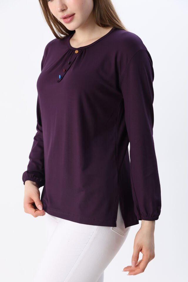 Kadın Likralı Orta Yaş Ve Üzeri Dört Mevsim Yeşil Anne Penye Bluz Düğme Desenli Lastikli Kol Mor - M