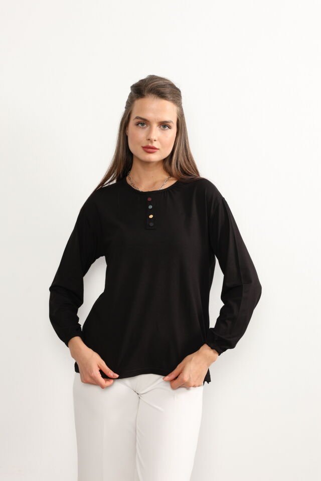 Kadın Likralı Orta Yaş Ve Üzeri Dört Mevsim Yeşil Anne Penye Bluz Düğme Desenli Lastikli Kol Siyah - 3XL