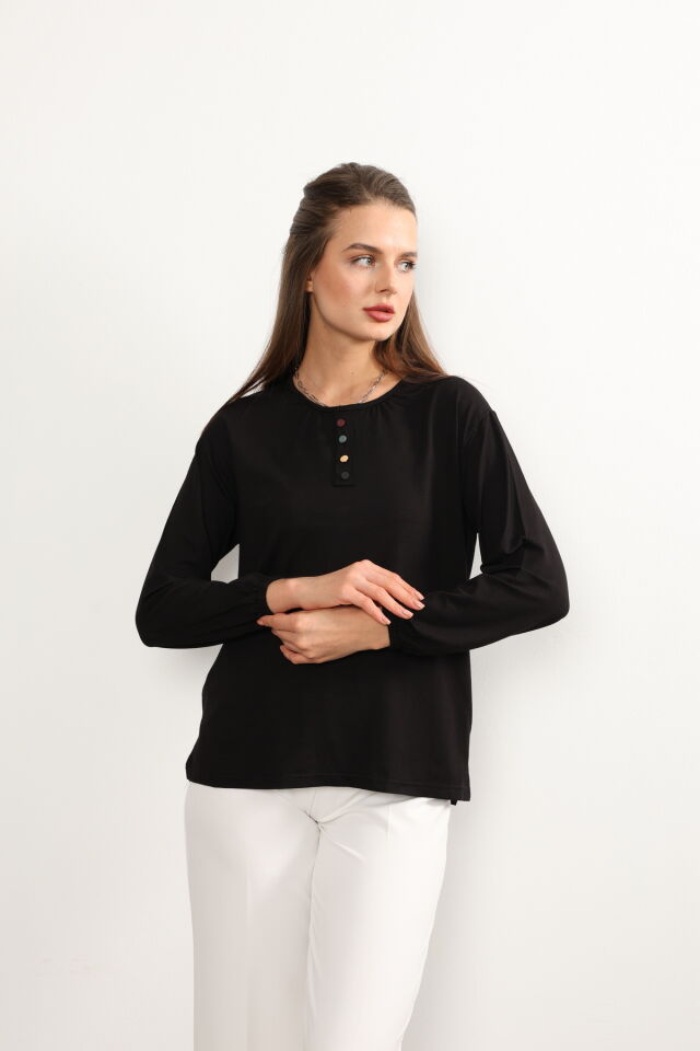Kadın Likralı Orta Yaş Ve Üzeri Dört Mevsim Yeşil Anne Penye Bluz Düğme Desenli Lastikli Kol Siyah - 3XL