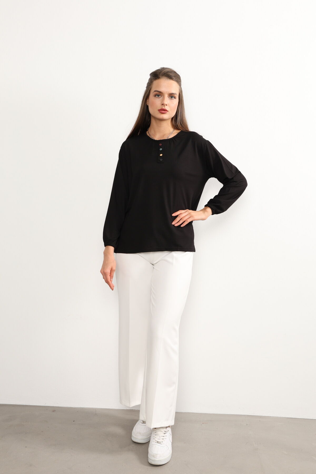 Kadın Likralı Orta Yaş Ve Üzeri Dört Mevsim Yeşil Anne Penye Bluz Düğme Desenli Lastikli Kol Siyah - 4XL