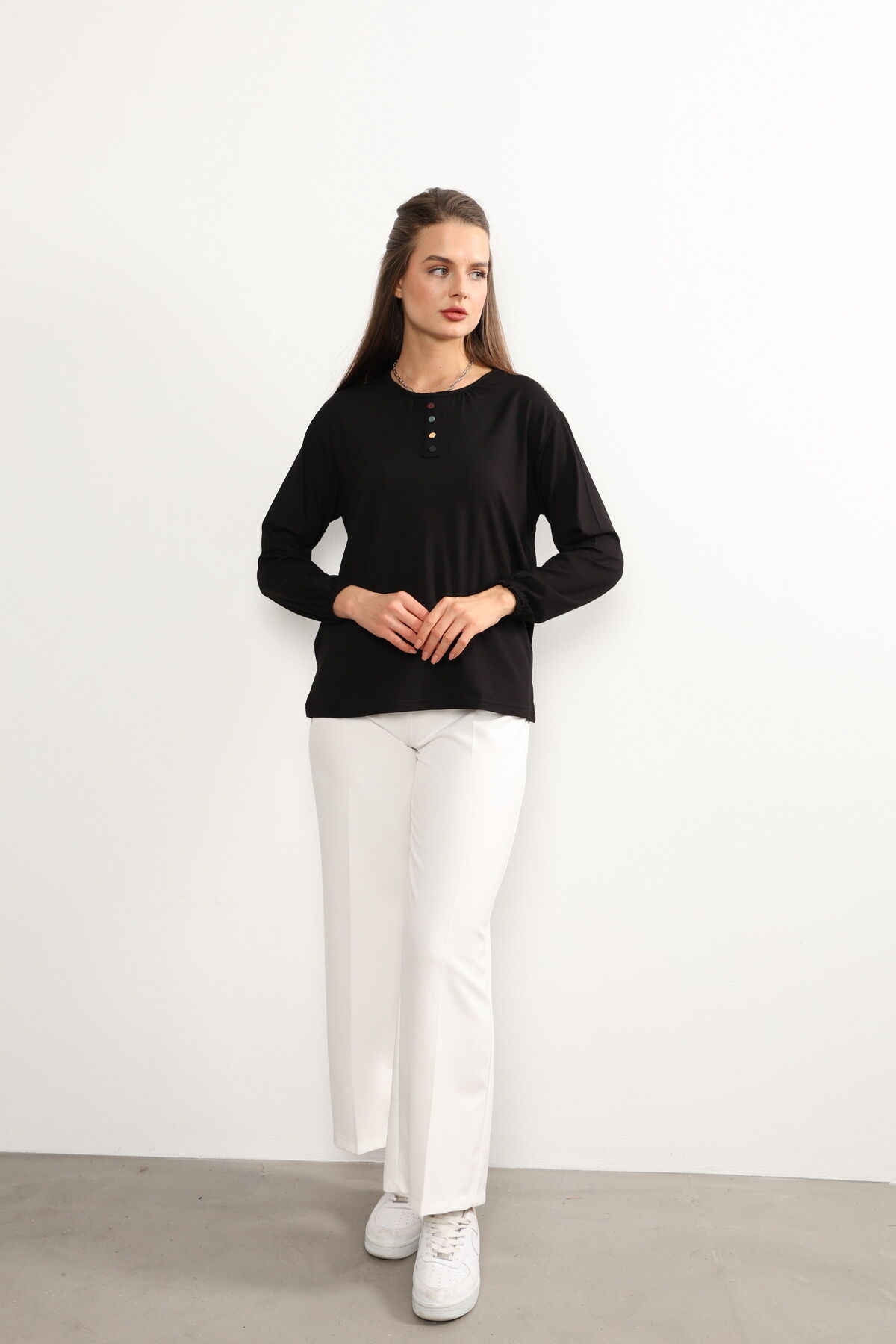 Kadın Likralı Orta Yaş Ve Üzeri Dört Mevsim Yeşil Anne Penye Bluz Düğme Desenli Lastikli Kol Siyah - 4XL