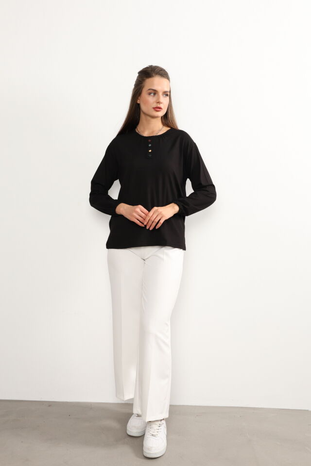 Kadın Likralı Orta Yaş Ve Üzeri Dört Mevsim Yeşil Anne Penye Bluz Düğme Desenli Lastikli Kol Siyah - 4XL