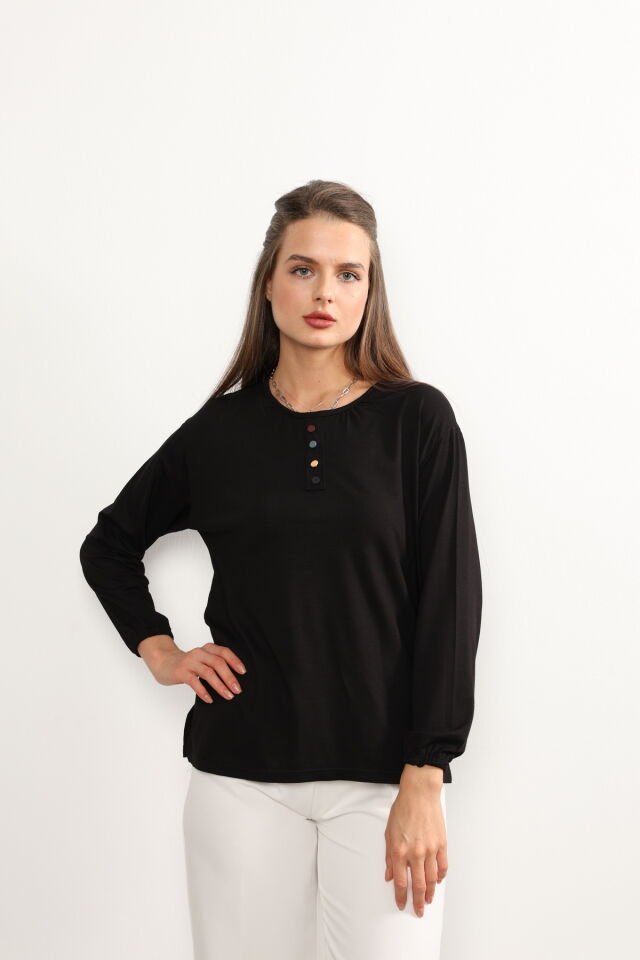 Kadın Likralı Orta Yaş Ve Üzeri Dört Mevsim Yeşil Anne Penye Bluz Düğme Desenli Lastikli Kol Siyah - 4XL