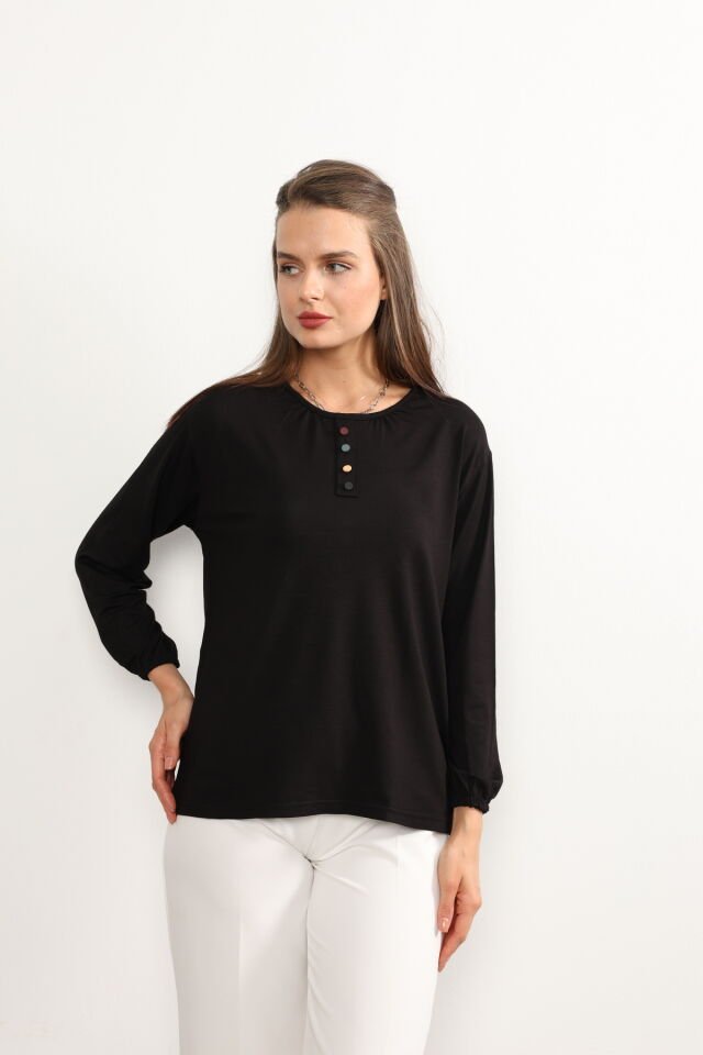 Kadın Likralı Orta Yaş Ve Üzeri Dört Mevsim Yeşil Anne Penye Bluz Düğme Desenli Lastikli Kol Siyah - 4XL