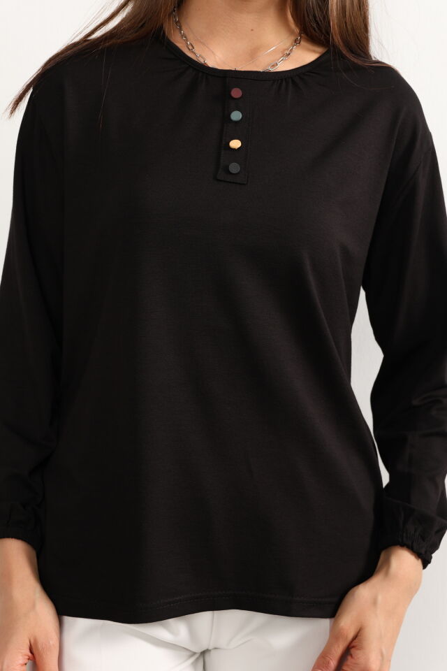 Kadın Likralı Orta Yaş Ve Üzeri Dört Mevsim Yeşil Anne Penye Bluz Düğme Desenli Lastikli Kol Siyah - 4XL