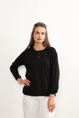 Kadın Likralı Orta Yaş Ve Üzeri Dört Mevsim Kiremit Anne Penye Bluz Düğme Desenli Lastikli Kol Siyah - 4XL