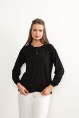 Kadın Likralı Orta Yaş Ve Üzeri Dört Mevsim Kiremit Anne Penye Bluz Düğme Desenli Lastikli Kol Siyah - 4XL