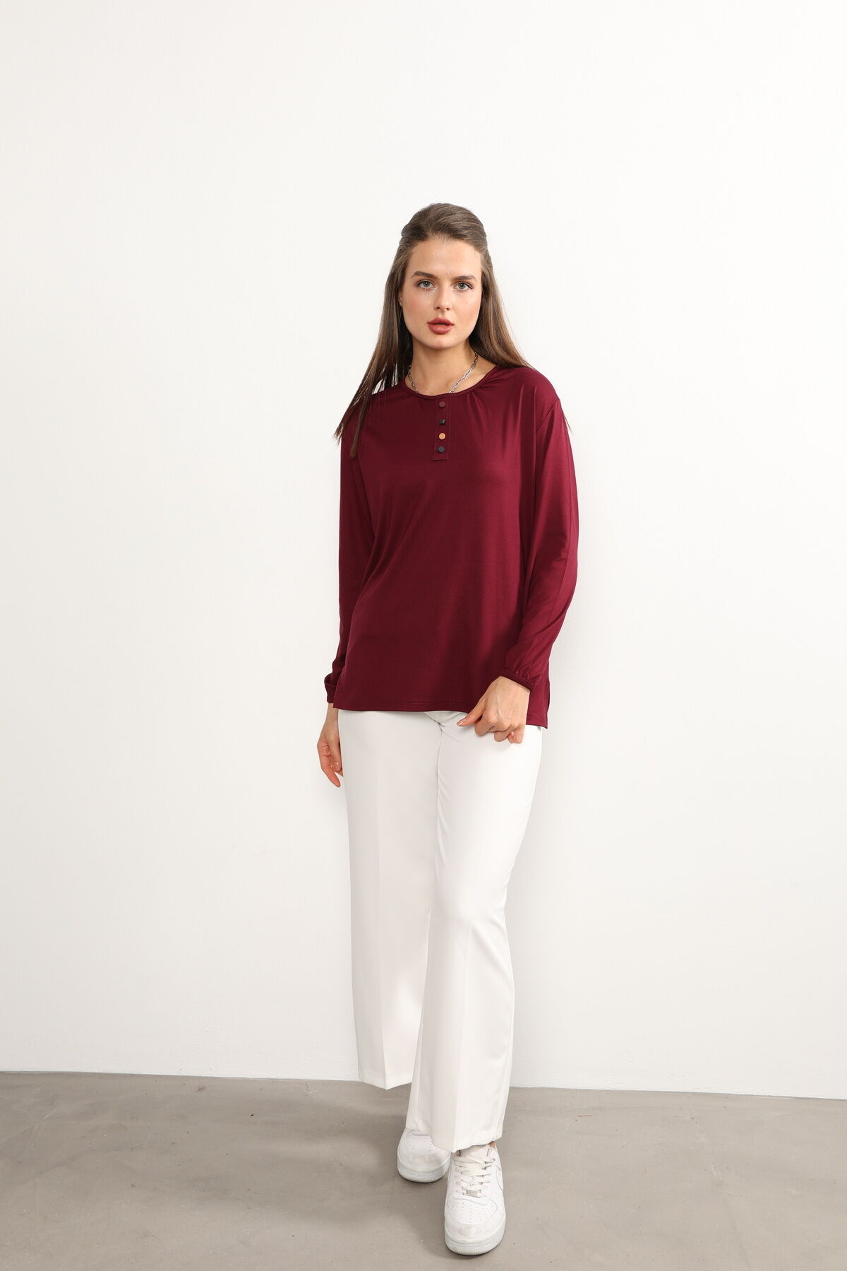Kadın Likralı Orta Yaş Ve Üzeri Dört Mevsim Yeşil Anne Penye Bluz Düğme Desenli Lastikli Kol Bordo - 4XL