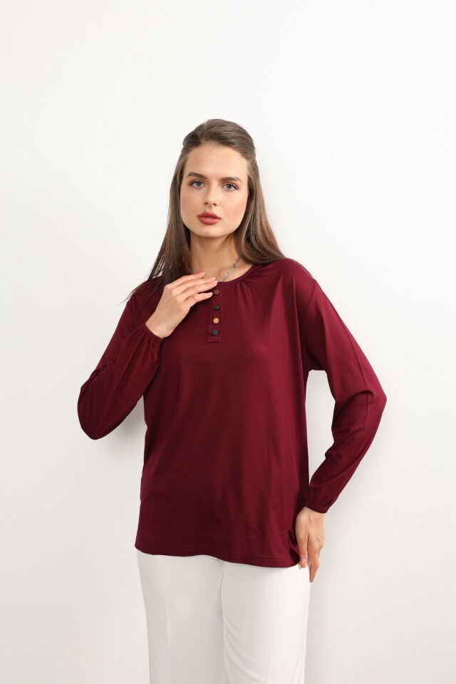 Kadın Likralı Orta Yaş Ve Üzeri Dört Mevsim Yeşil Anne Penye Bluz Düğme Desenli Lastikli Kol Bordo - 5XL