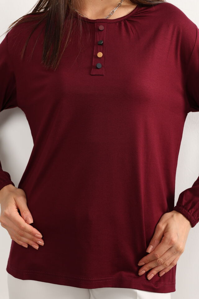 Kadın Likralı Orta Yaş Ve Üzeri Dört Mevsim Yeşil Anne Penye Bluz Düğme Desenli Lastikli Kol Bordo - 5XL
