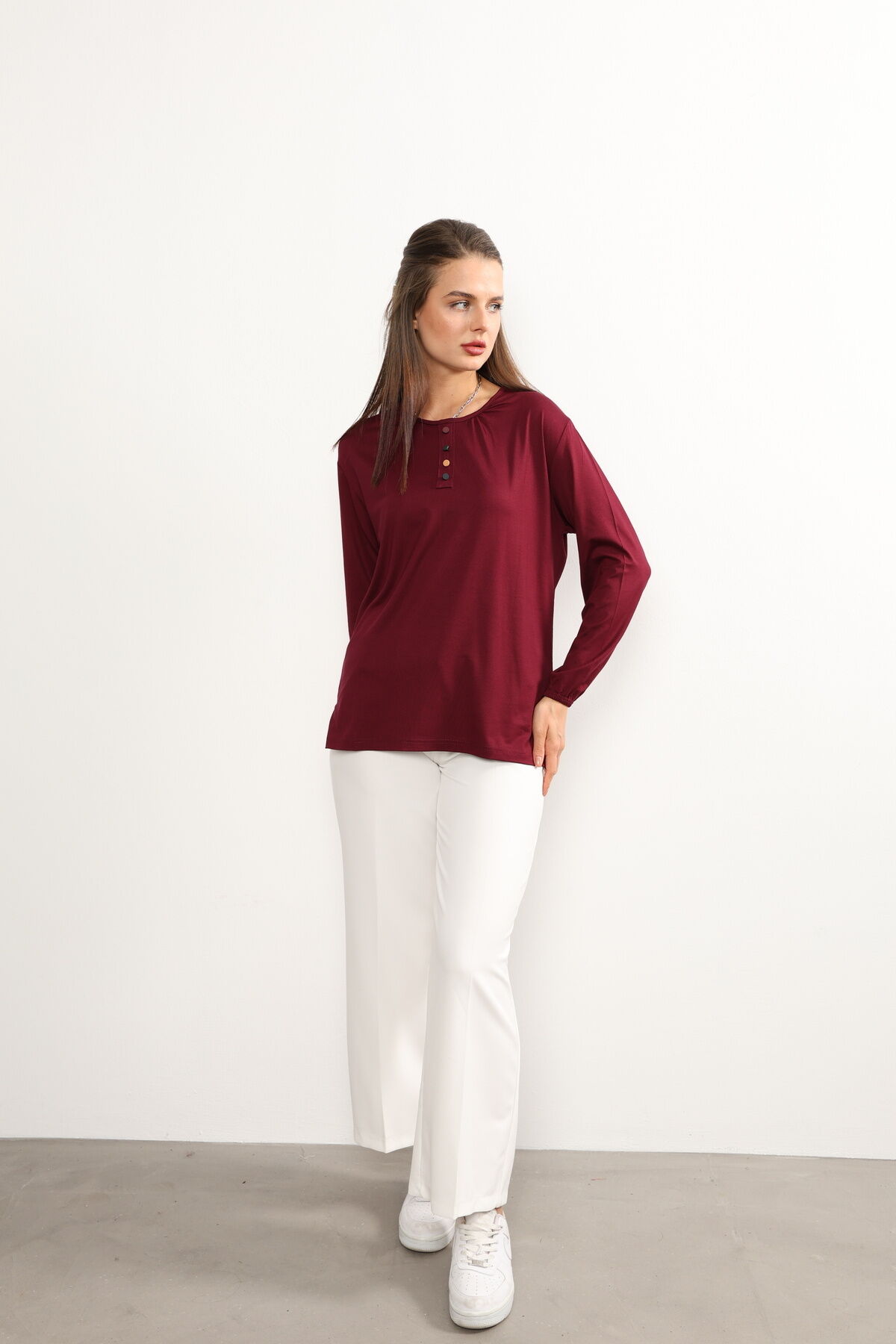 Kadın Likralı Orta Yaş Ve Üzeri Dört Mevsim Yeşil Anne Penye Bluz Düğme Desenli Lastikli Kol Bordo - 3XL