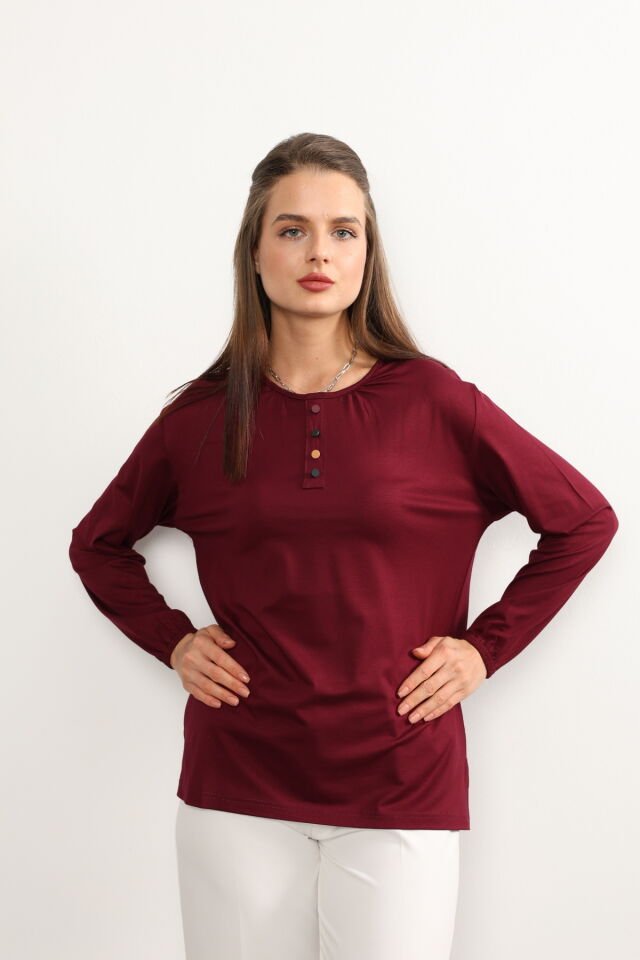 Kadın Likralı Orta Yaş Ve Üzeri Dört Mevsim Yeşil Anne Penye Bluz Düğme Desenli Lastikli Kol Bordo - 3XL