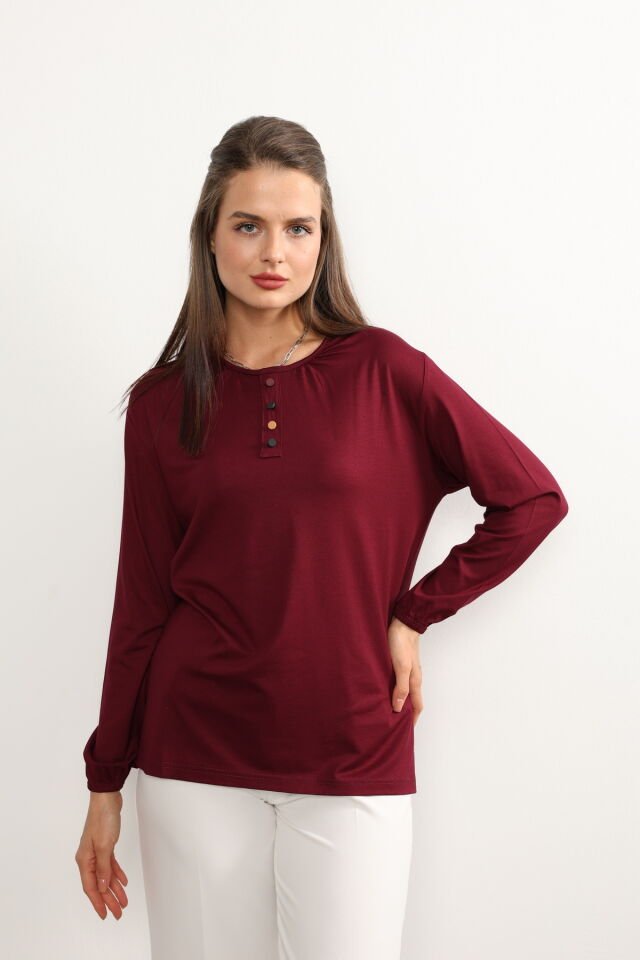 Kadın Likralı Orta Yaş Ve Üzeri Dört Mevsim Yeşil Anne Penye Bluz Düğme Desenli Lastikli Kol Bordo - 3XL