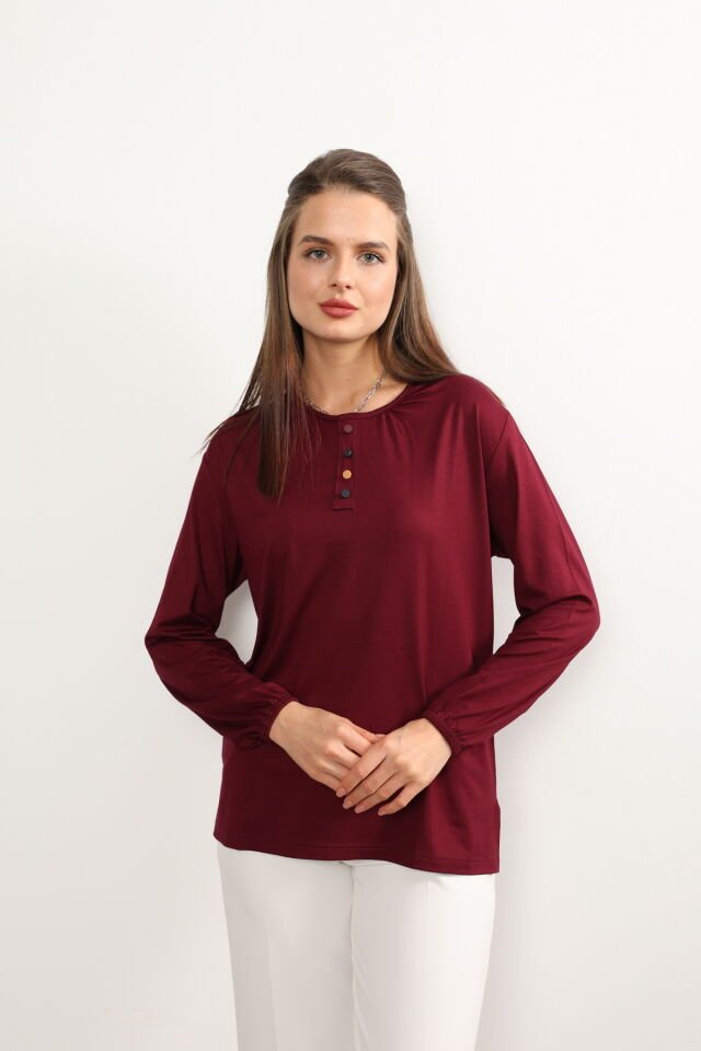 Kadın Likralı Orta Yaş Ve Üzeri Dört Mevsim Yeşil Anne Penye Bluz Düğme Desenli Lastikli Kol Bordo - 3XL