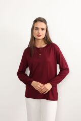 Kadın Likralı Orta Yaş Ve Üzeri Dört Mevsim Kiremit Anne Penye Bluz Düğme Desenli Lastikli Kol Bordo - 5XL