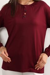 Kadın Likralı Orta Yaş Ve Üzeri Dört Mevsim Kiremit Anne Penye Bluz Düğme Desenli Lastikli Kol Bordo - 5XL