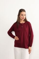 Kadın Likralı Orta Yaş Ve Üzeri Dört Mevsim Kiremit Anne Penye Bluz Düğme Desenli Lastikli Kol Bordo - 3XL