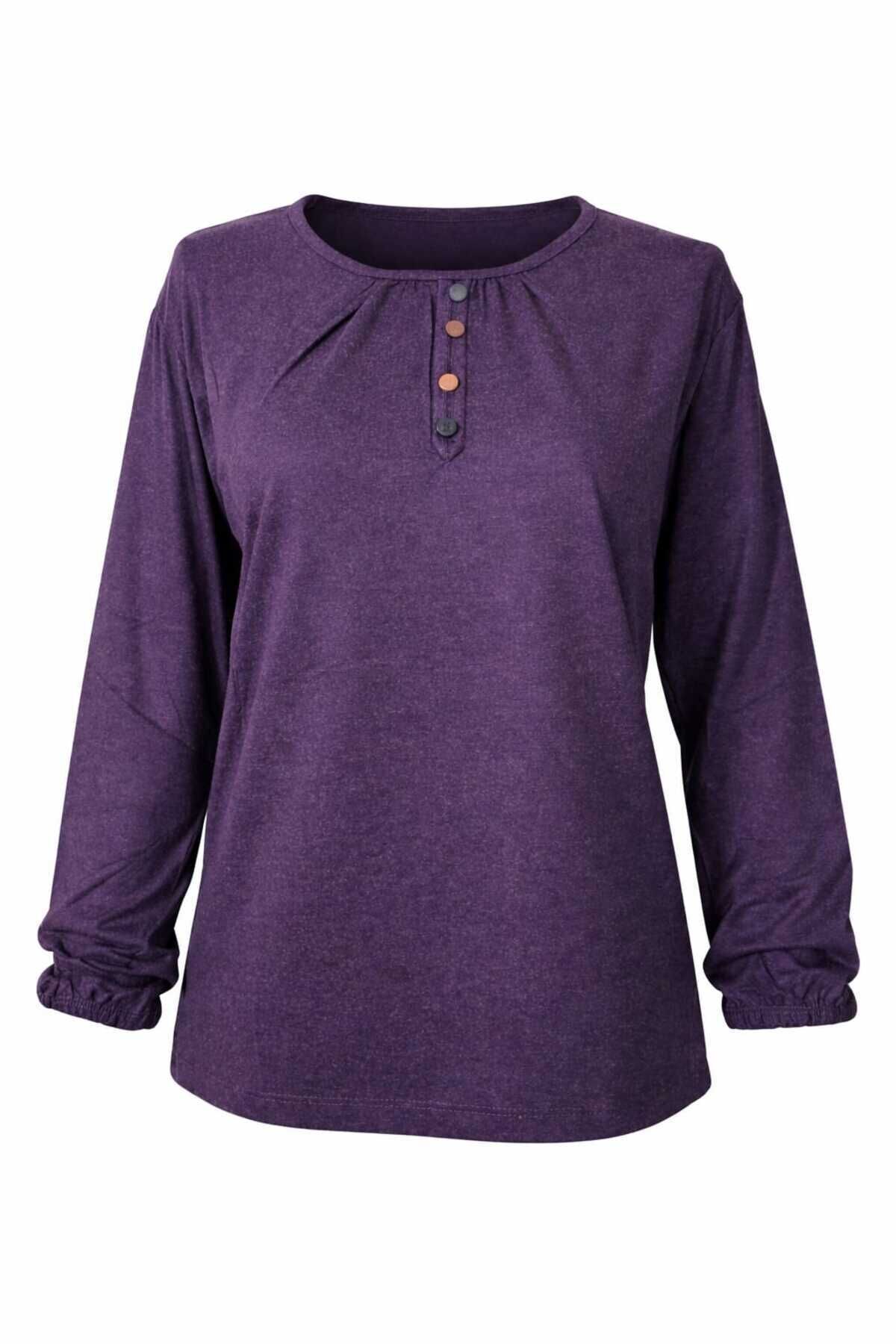 Kadın Likralı Orta Yaş Ve Üzeri Kışlık Anne Penye Bluz Düğme Desenli Lastikli Kol Mor - 2XL