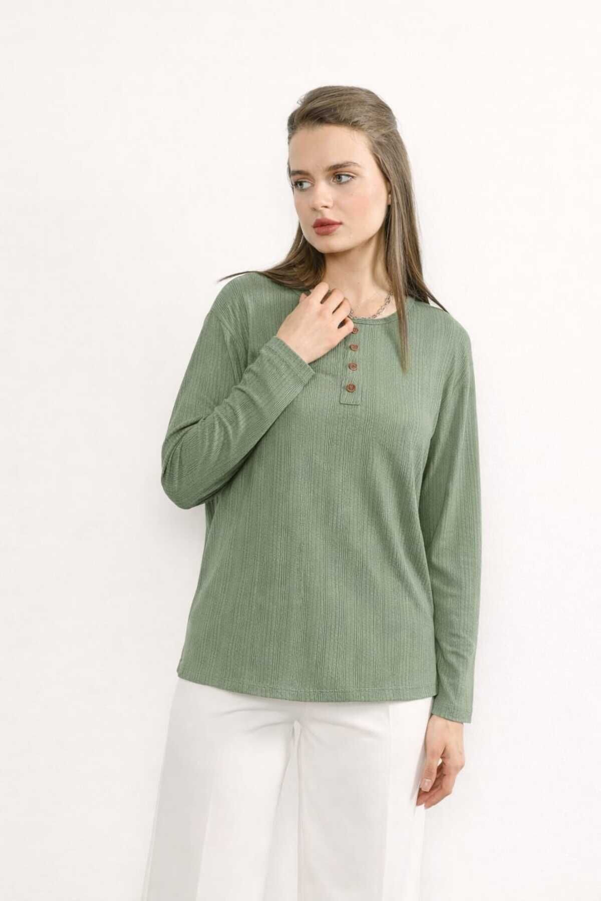 Kadın Likralı Orta Yaş Ve Üzeri Kışlık Triko Çağla Yeşili Anne Penye Bluz Yeni Sezon Burgu Desenli Çağla Yeşili - M