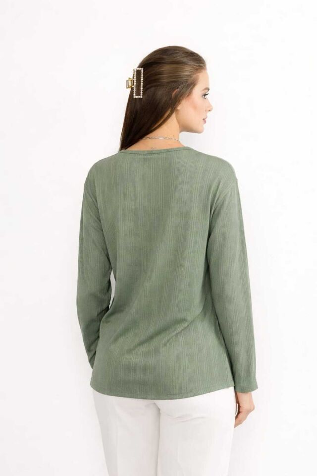 Kadın Likralı Orta Yaş Ve Üzeri Kışlık Triko Çağla Yeşili Anne Penye Bluz Yeni Sezon Burgu Desenli Çağla Yeşili - M