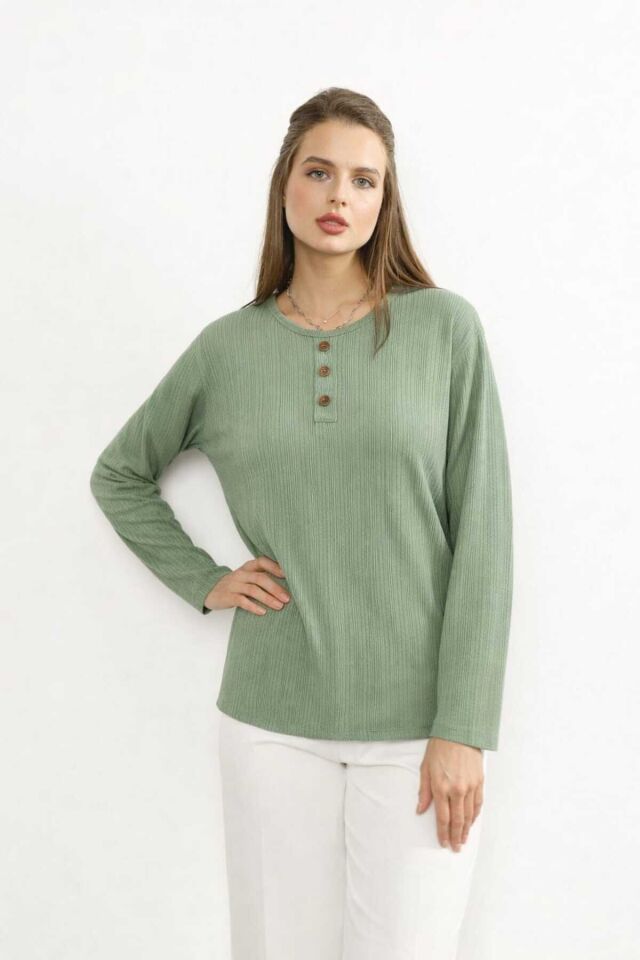 Kadın Likralı Orta Yaş Ve Üzeri Kışlık Triko Çağla Yeşili Anne Penye Bluz Yeni Sezon Burgu Desenli Çağla Yeşili - M