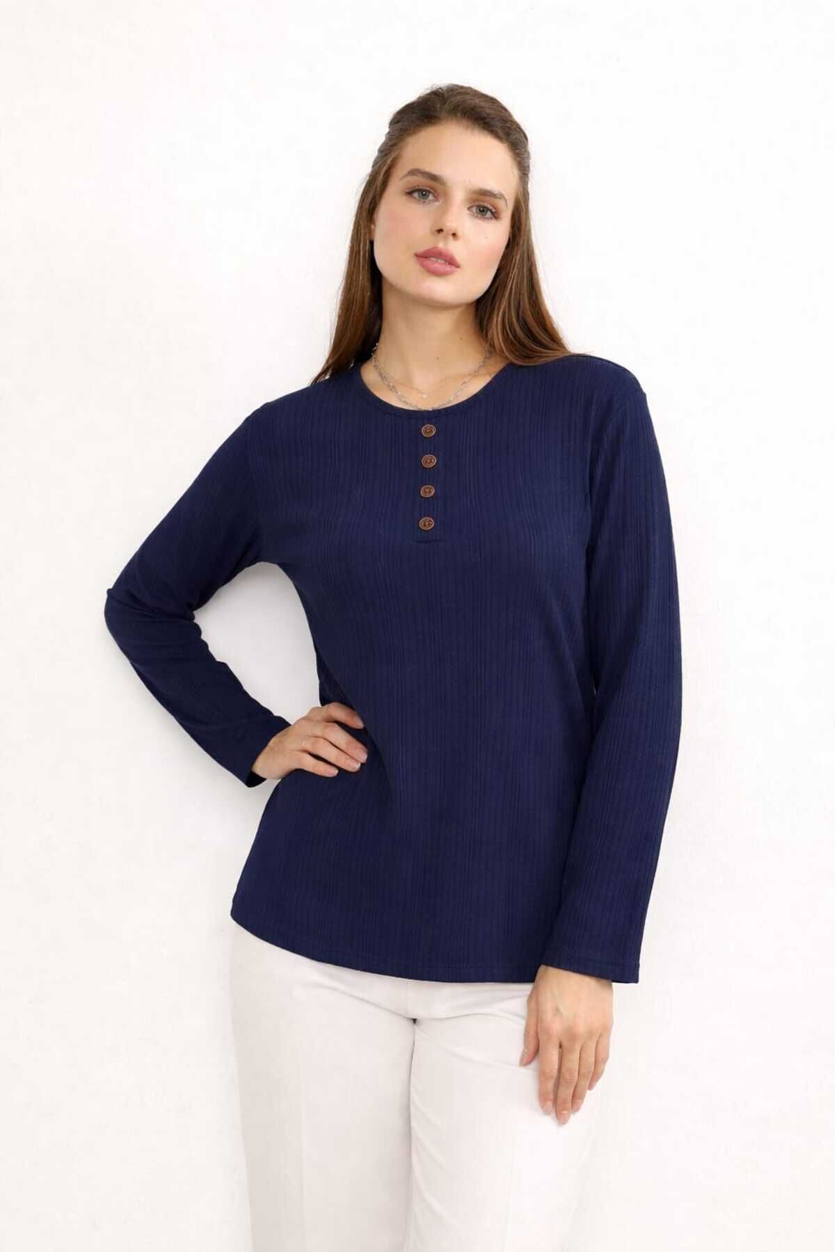 Kadın Likralı Orta Yaş Ve Üzeri Kışlık Triko Çağla Yeşili Anne Penye Bluz Yeni Sezon Burgu Desenli Parlament Mavisi - L