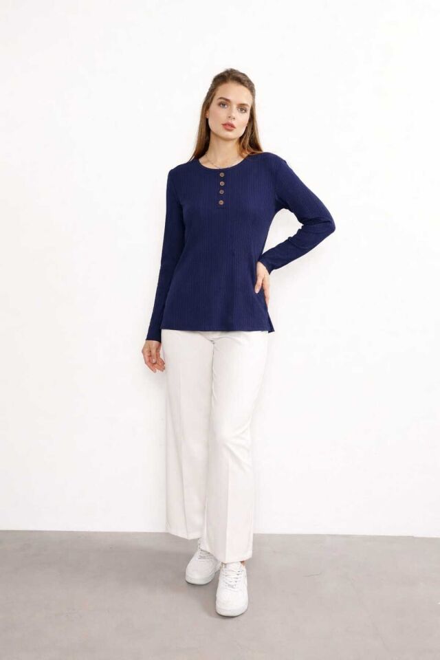 Kadın Likralı Orta Yaş Ve Üzeri Kışlık Triko Çağla Yeşili Anne Penye Bluz Yeni Sezon Burgu Desenli Parlament Mavisi - L