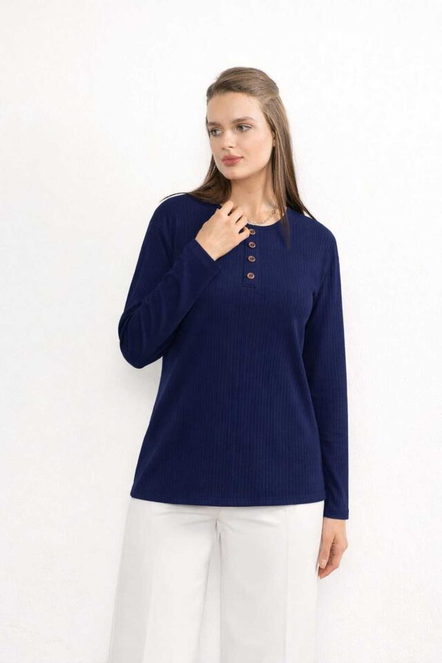 Kadın Likralı Orta Yaş Ve Üzeri Kışlık Triko Çağla Yeşili Anne Penye Bluz Yeni Sezon Burgu Desenli Parlament Mavisi - L