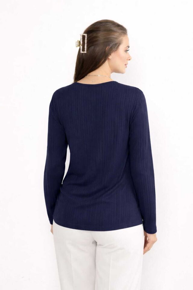 Kadın Likralı Orta Yaş Ve Üzeri Kışlık Triko Çağla Yeşili Anne Penye Bluz Yeni Sezon Burgu Desenli Parlament Mavisi - L