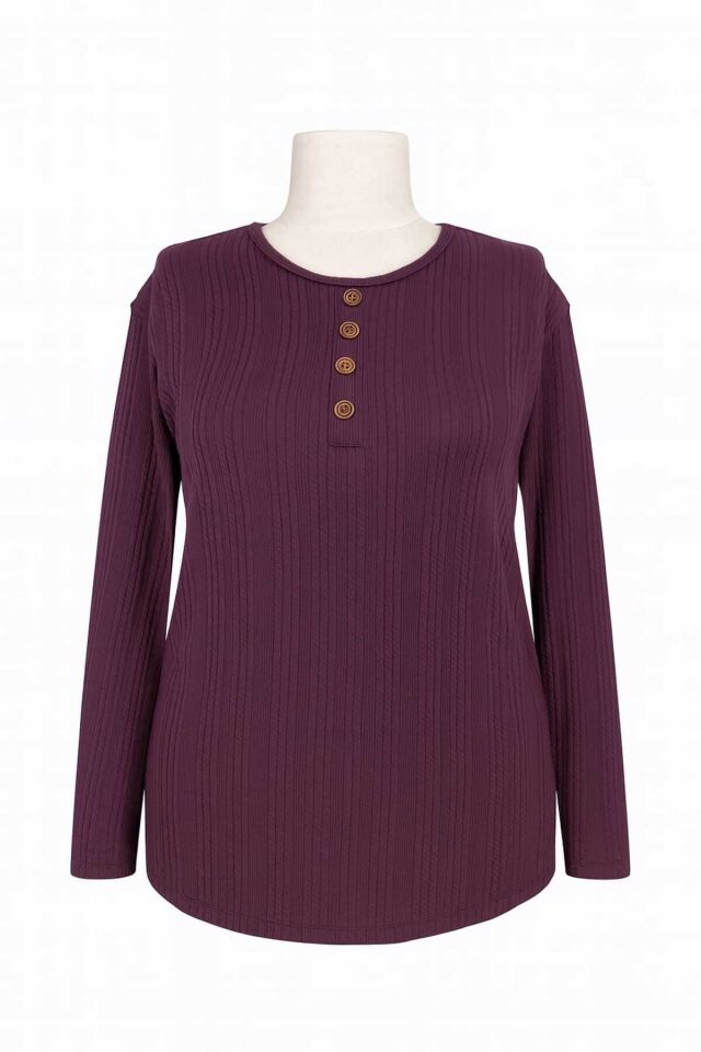 Kadın Likralı Orta Yaş Ve Üzeri Kışlık Triko Çağla Yeşili Anne Penye Bluz Yeni Sezon Burgu Desenli Mor - XL