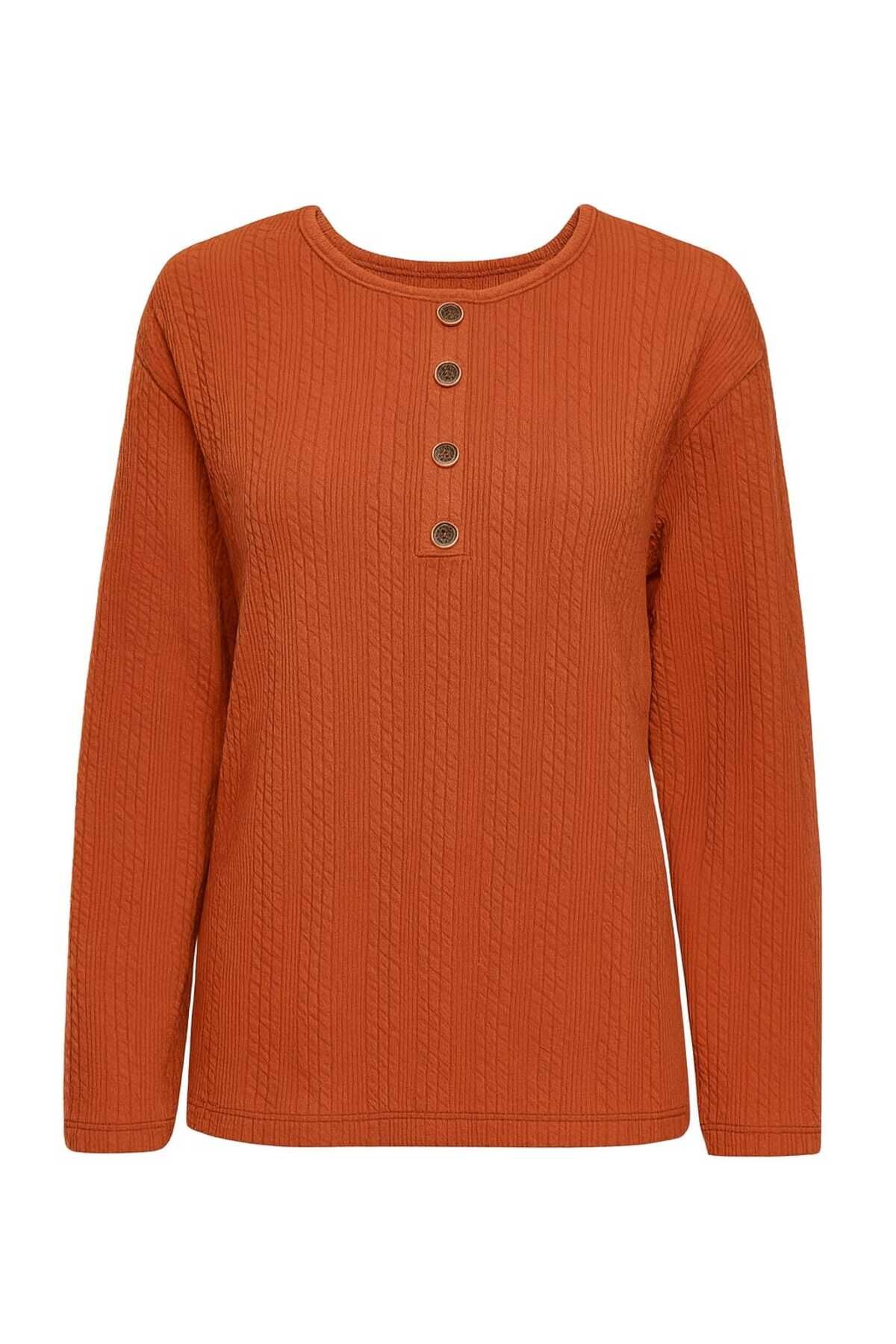 Kadın Likralı Orta Yaş Ve Üzeri Kışlık Triko Çağla Yeşili Anne Penye Bluz Yeni Sezon Burgu Desenli Kiremit - 2XL