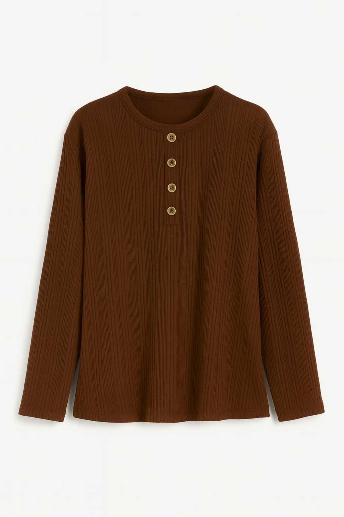 Kadın Likralı Orta Yaş Ve Üzeri Kışlık Triko Çağla Yeşili Anne Penye Bluz Yeni Sezon Burgu Desenli Kahverengi - 2XL