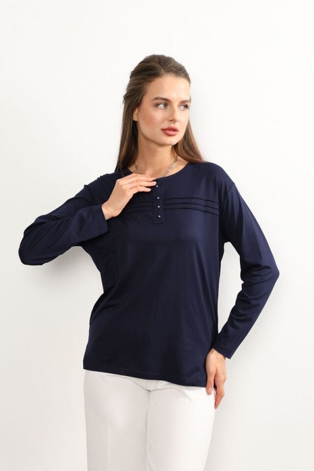 Kadın Likralı Büyük Beden Yeşil Anne Penye Bluz Yeni Sezon Çizgili Şeritli Laci̇vert - 4XL