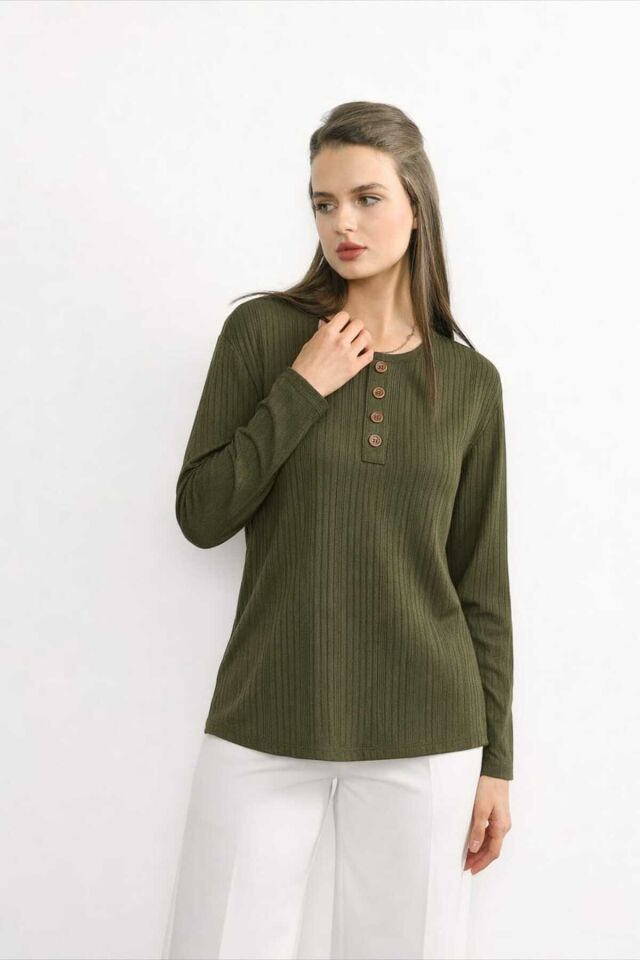 Kadın Likralı Orta Yaş Ve Üzeri Kışlık Triko Çağla Yeşili Anne Penye Bluz Yeni Sezon Burgu Desenli Haki - 2XL