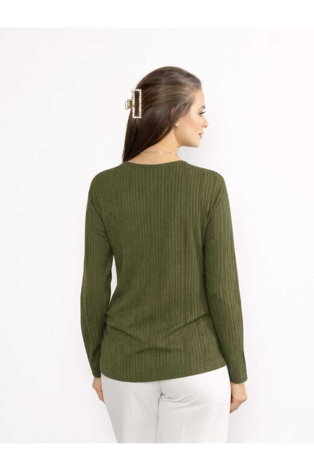 Kadın Likralı Orta Yaş Ve Üzeri Kışlık Triko Çağla Yeşili Anne Penye Bluz Yeni Sezon Burgu Desenli Haki - 2XL