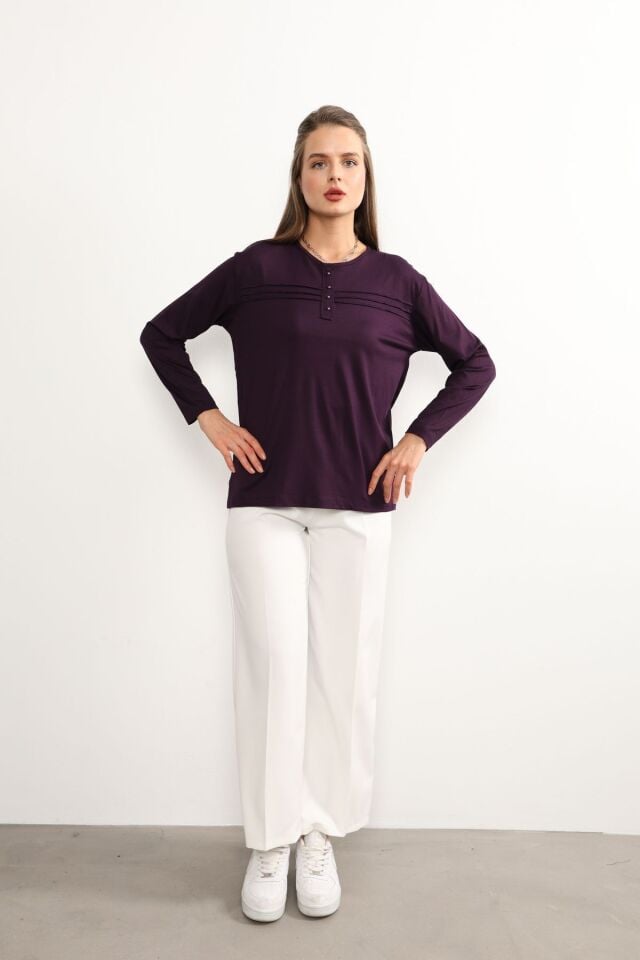 Kadın Likralı Büyük Beden Yeşil Anne Penye Bluz Yeni Sezon Çizgili Şeritli Mor - 5XL