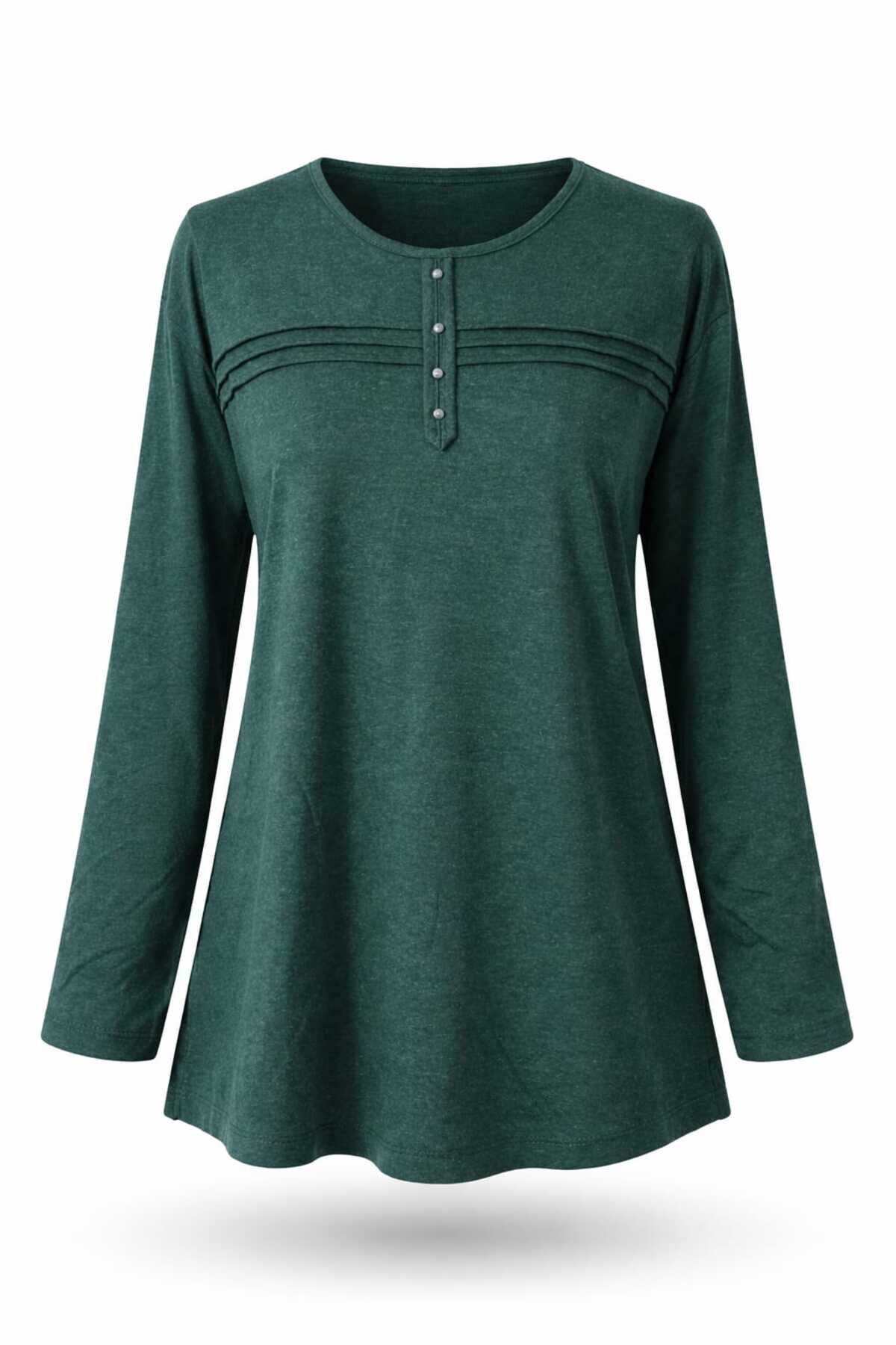 Kadın Kışlık Likralı Anne Penye Bluz Çizgili Şeritli Yeşil - 4XL