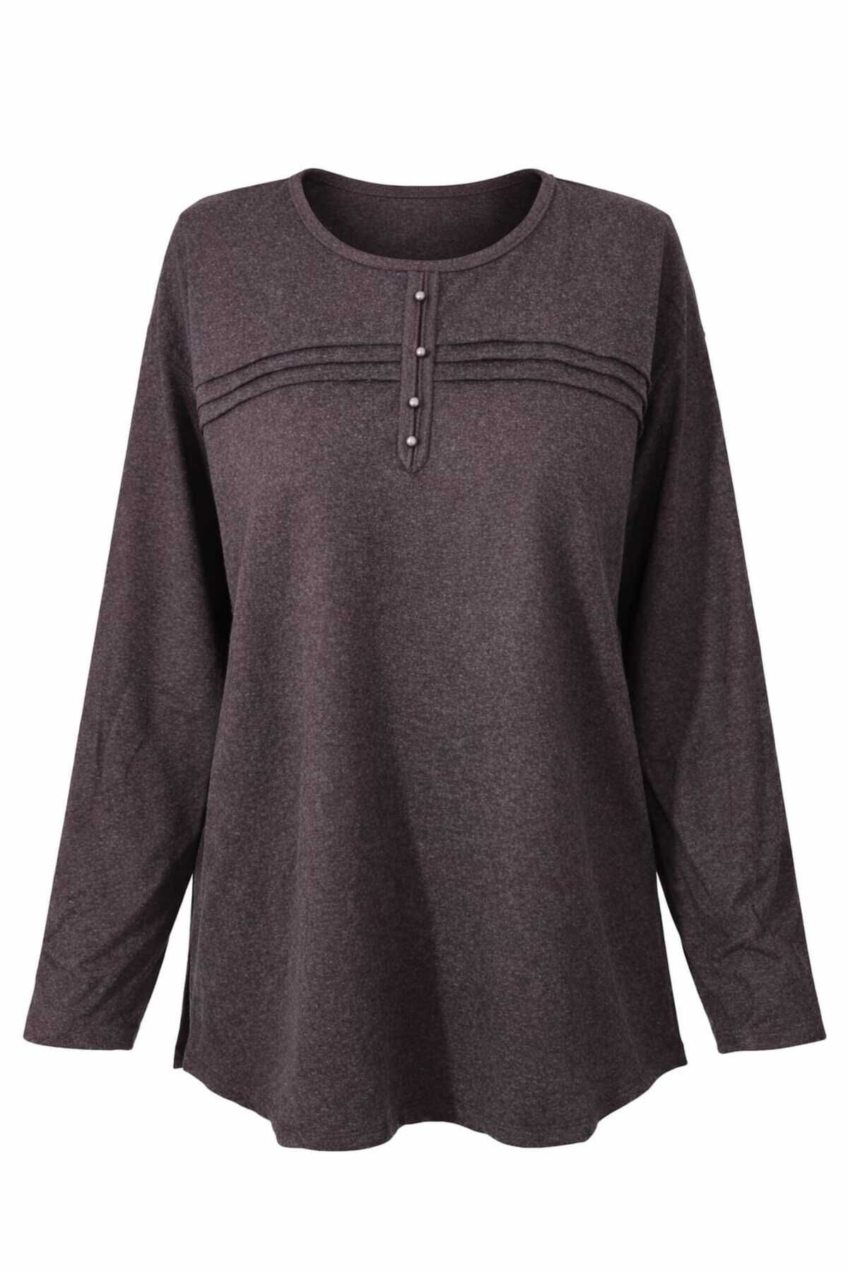 Kadın Kışlık Likralı Anne Penye Bluz Çizgili Şeritli Kahverengi - 2XL