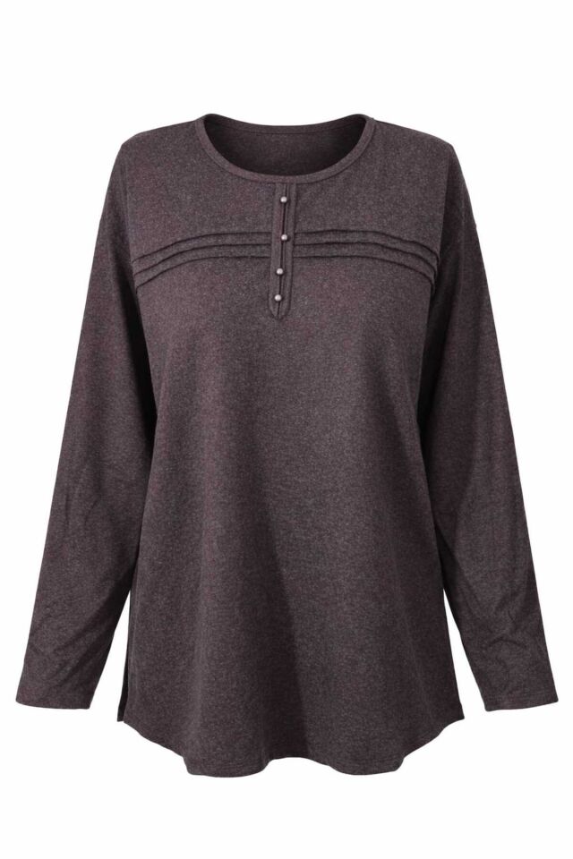 Kadın Kışlık Likralı Anne Penye Bluz Çizgili Şeritli Kahverengi - 2XL