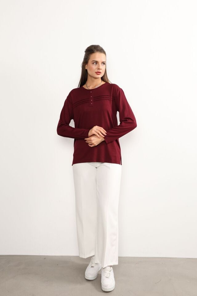 Kadın Likralı Büyük Beden Yeşil Anne Penye Bluz Yeni Sezon Çizgili Şeritli Bordo - 2XL