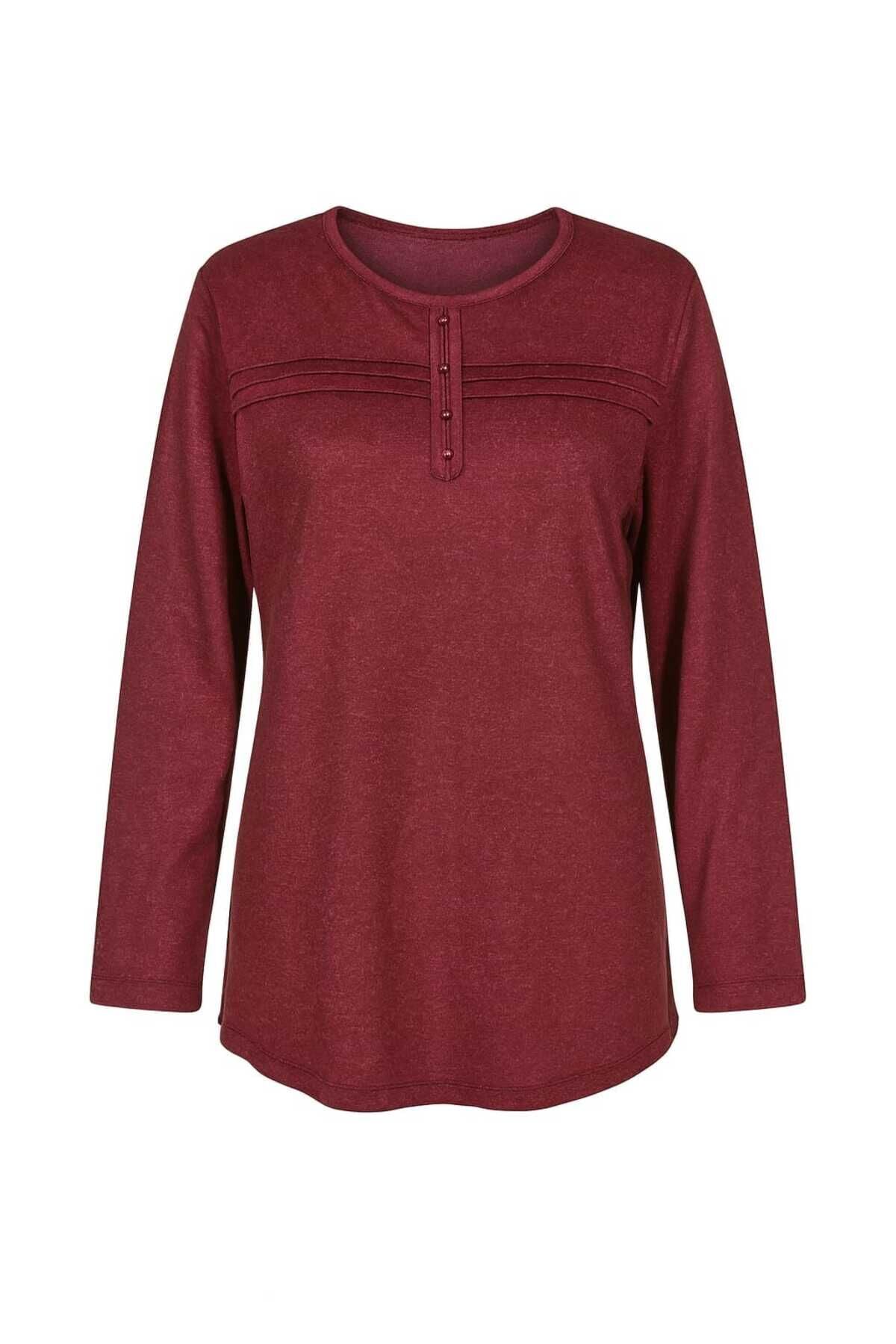 Kadın Kışlık Likralı Anne Penye Bluz Çizgili Şeritli Bordo - XL